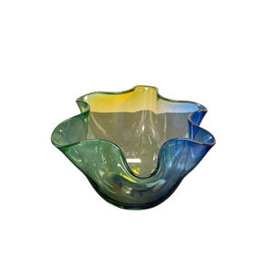 Hand Blown Art Glass Bowl Blue Yellow Clear Adam Jablonski Artist Signed
